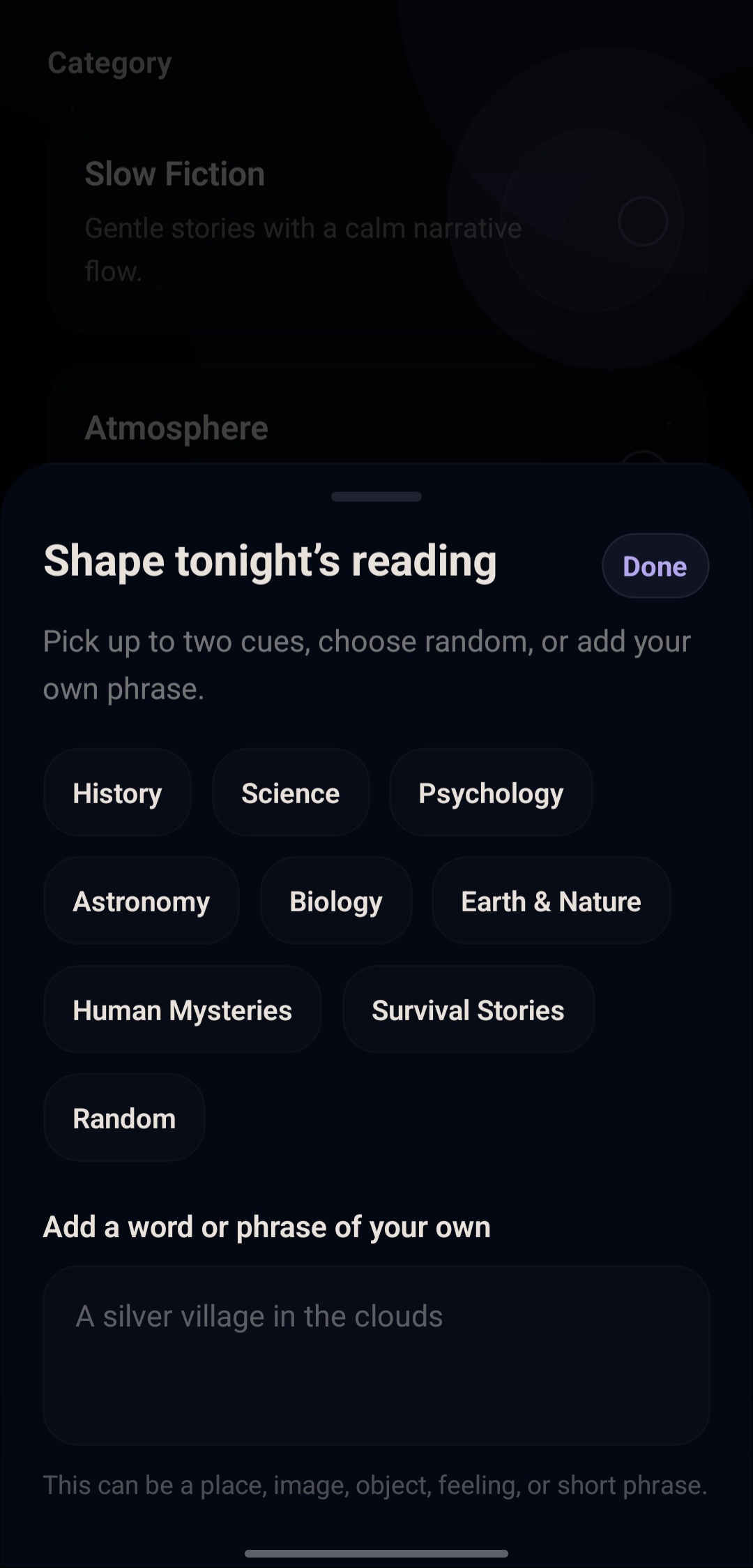 Read Alone story shaping screen with nighttime reading options