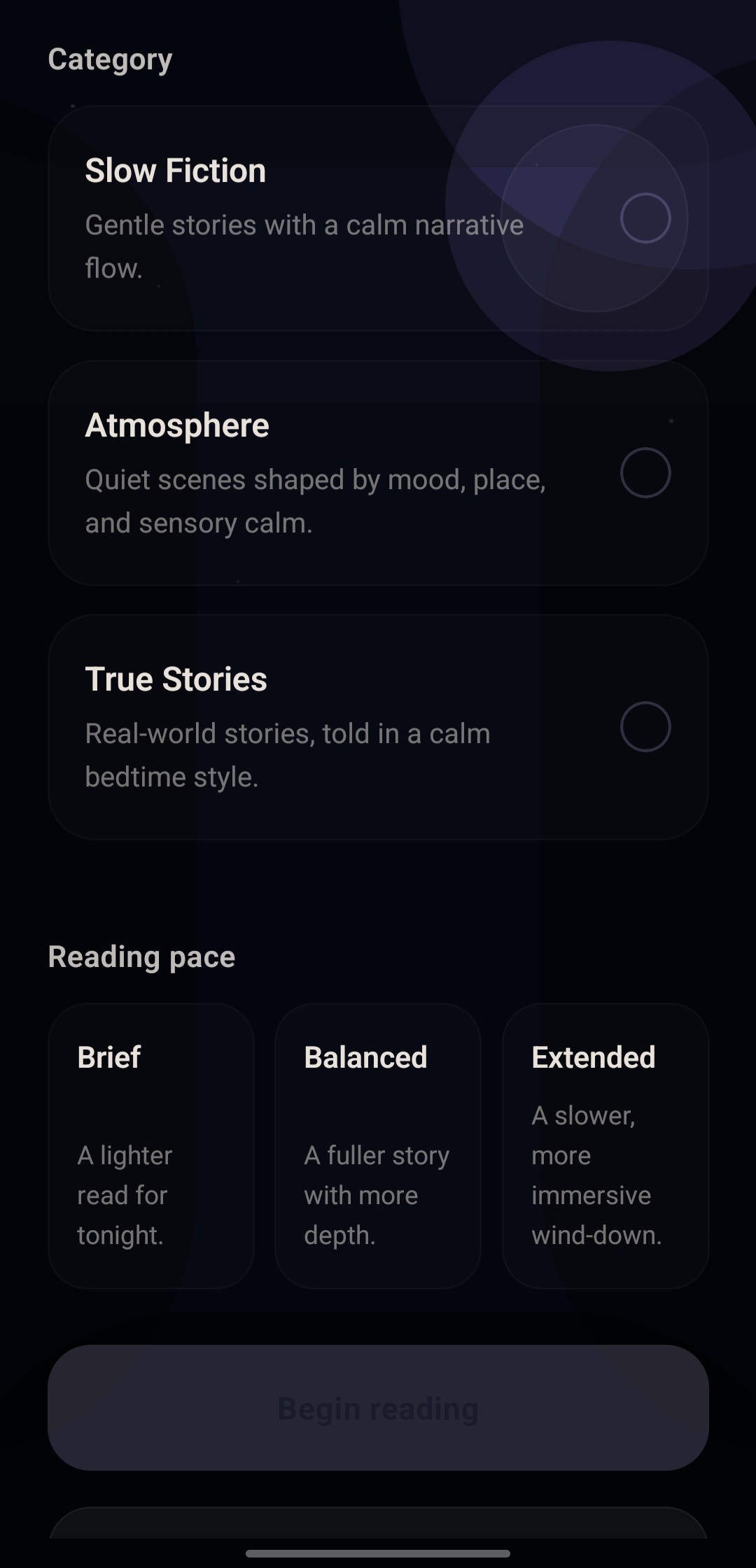 Read Alone story shaping screen with additional reading preferences