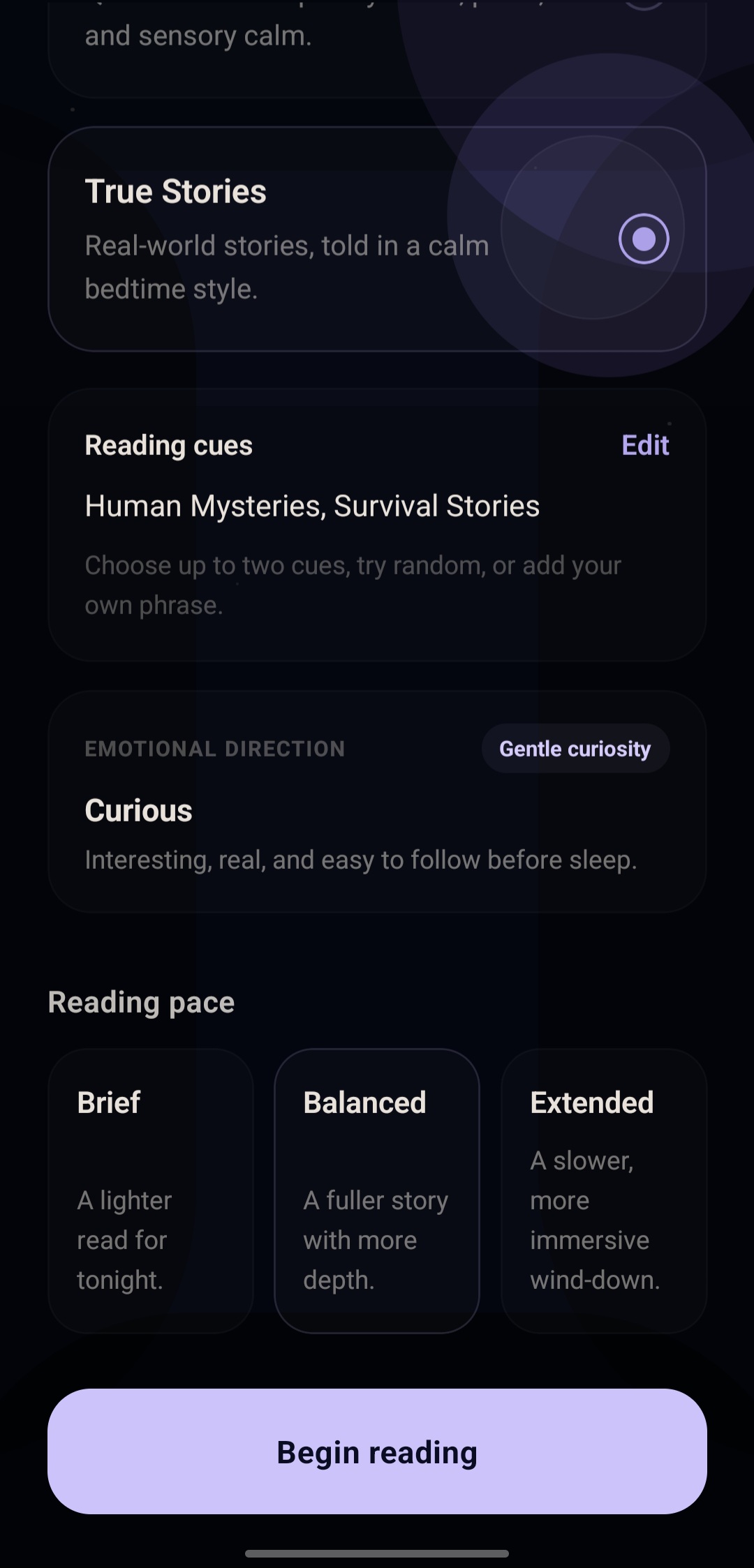 Read Alone story shaping screen with mood and pacing choices