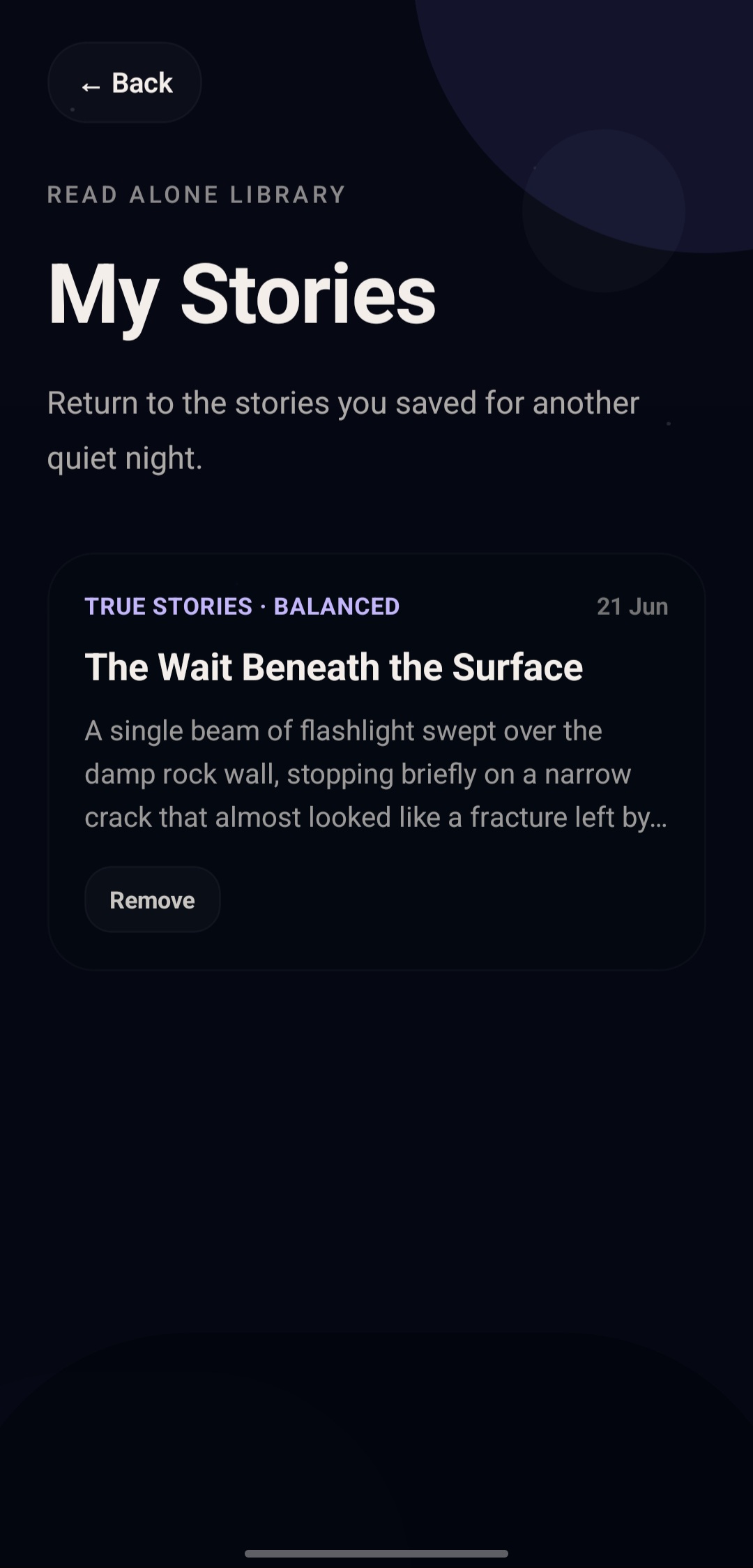 Read Alone saved stories library screen