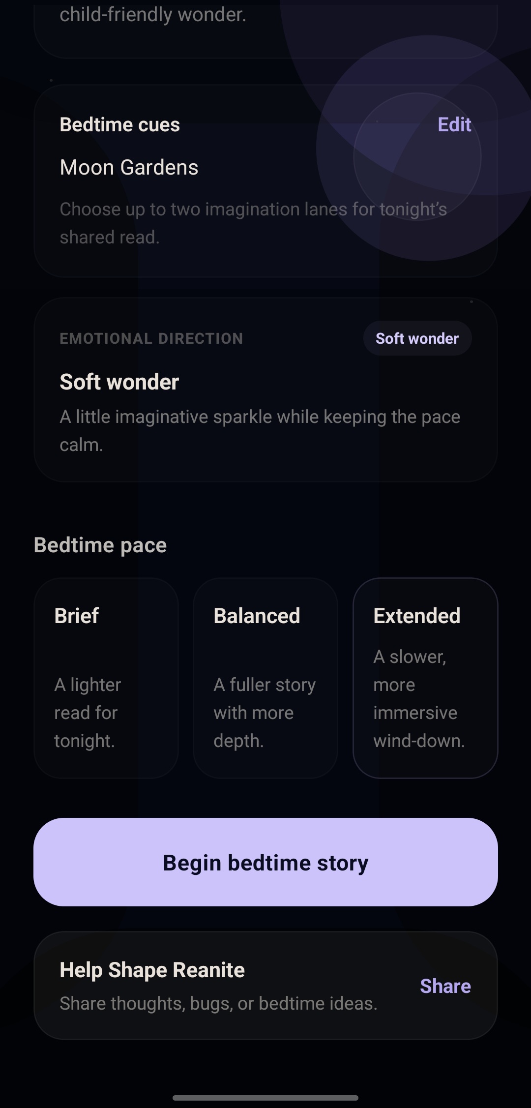 Read Together story shaping screen with bedtime reading options