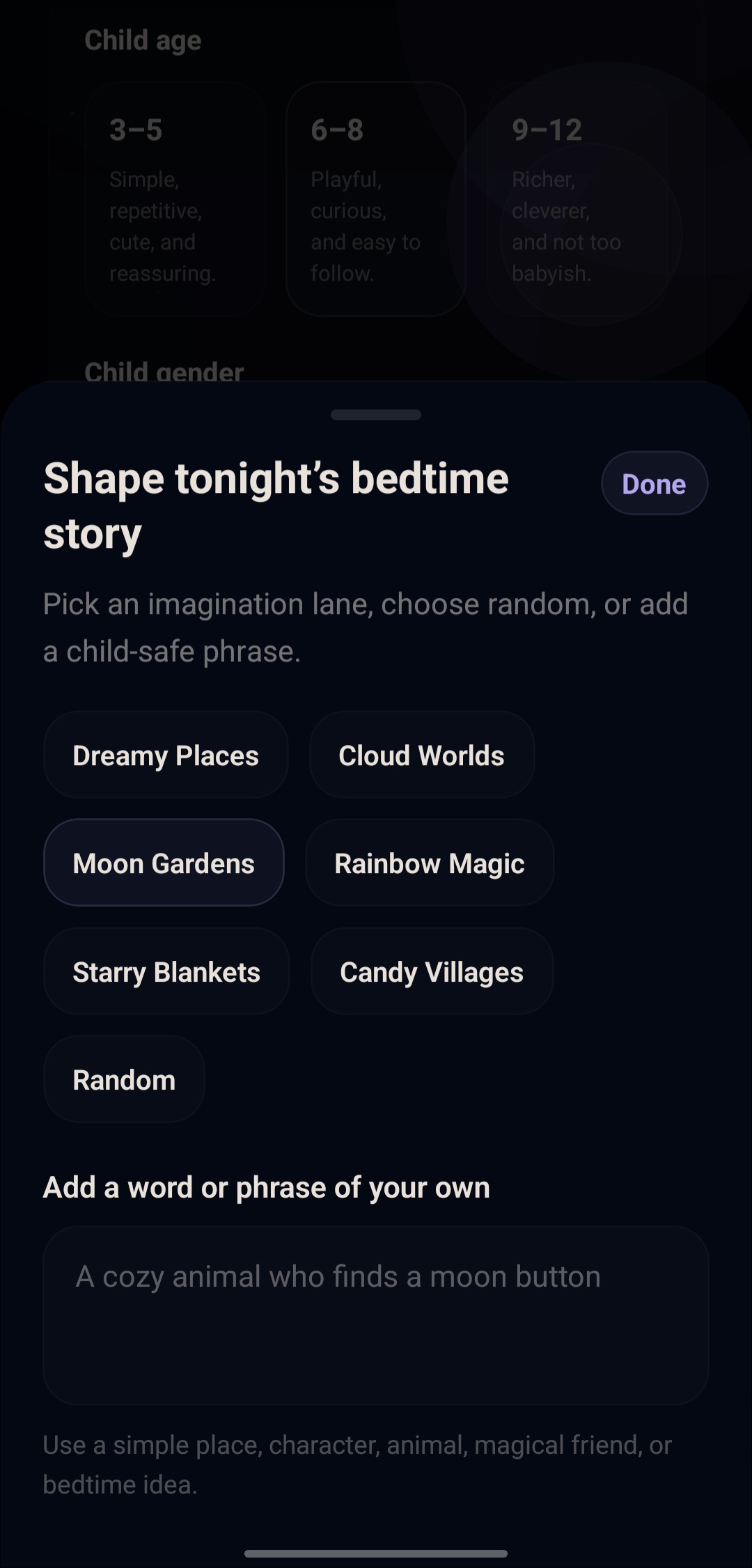 Read Together story shaping screen with additional preferences
