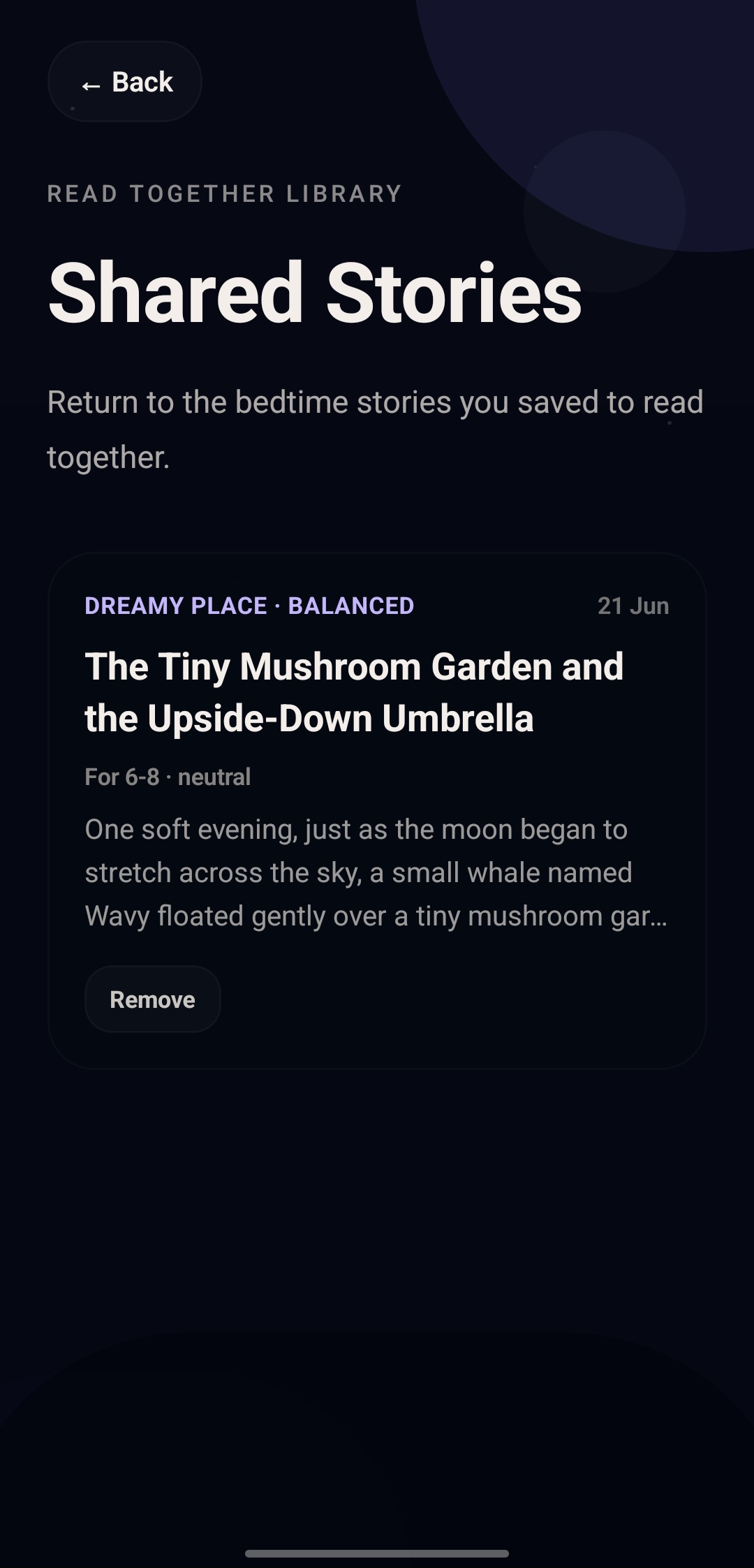 Read Together saved stories library screen